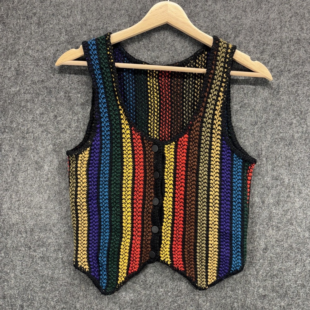 Vintage 70s Crochet Knit Sweater Vest Boho Rainbow Disco USA Wool Sleeveless
